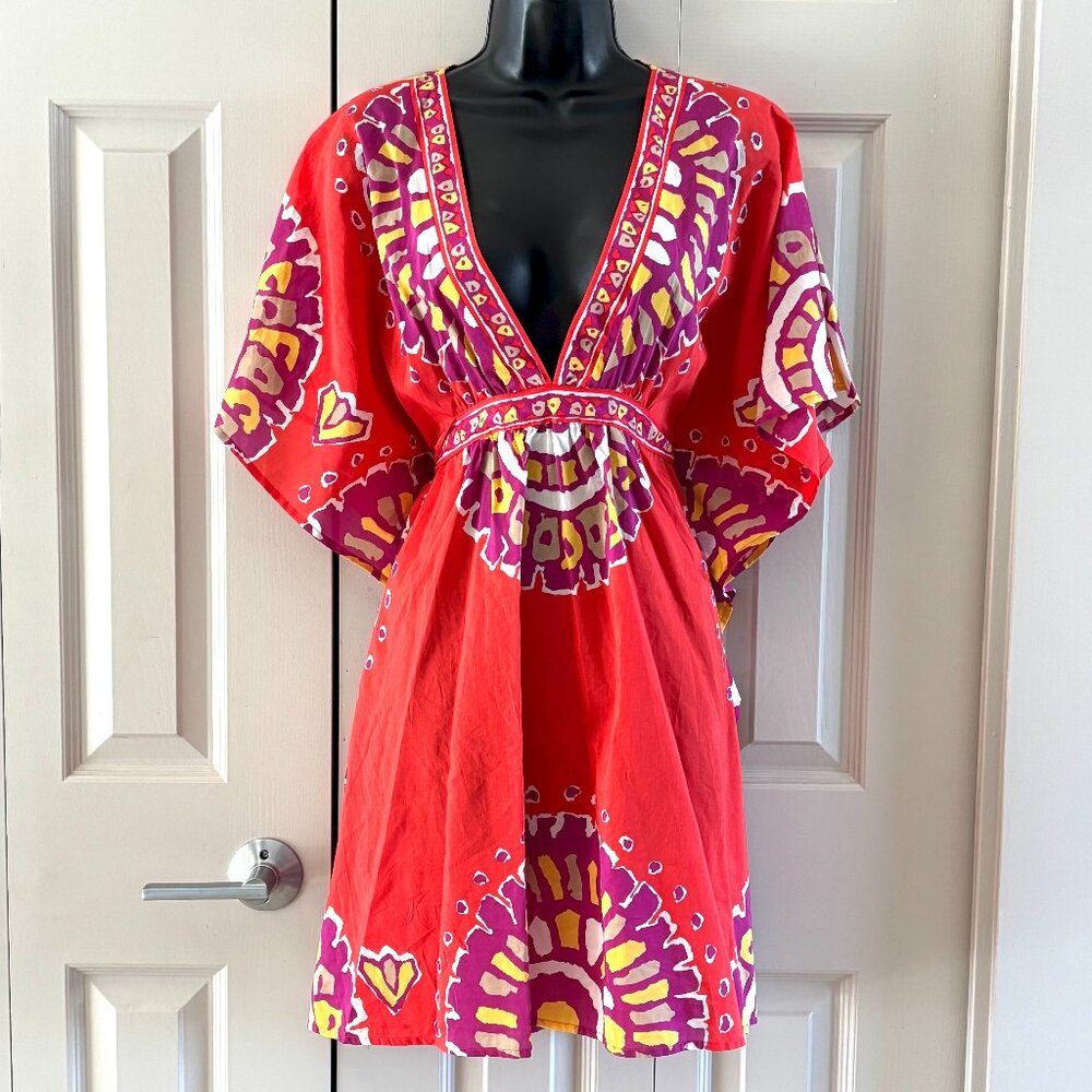 Trina Turk Red Multicolor Caftan V-Neck Short Dress